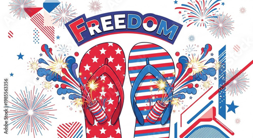 Festive flip-flops with FREEDOM text and fireworks celebrating American Independence Day with patriotic symbols and abstract elements perfect for holiday graphics