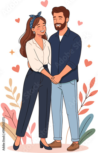 A loving couple stands together in a romantic setting with hearts around them.