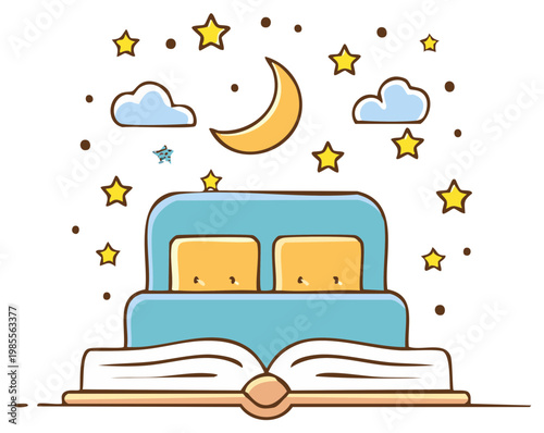 Cute cartoon illustration of a bedtime story with a bed on an open book under the moon and stars