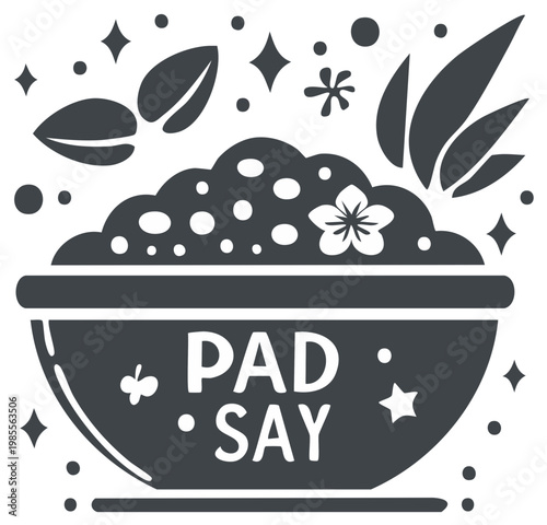Stylized Pad Say Asian food bowl vector illustration with decorative elements