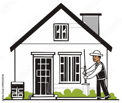 Cartoon man sweeping house exterior with broom Maintenance and yard work