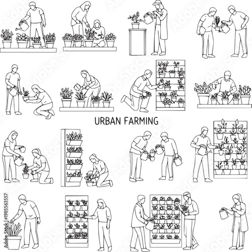 Diverse people engaging in urban farming activities vector illustration set
