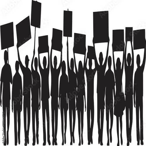 Silhouette of diverse protesters holding blank signs for custom messaging at dusk
