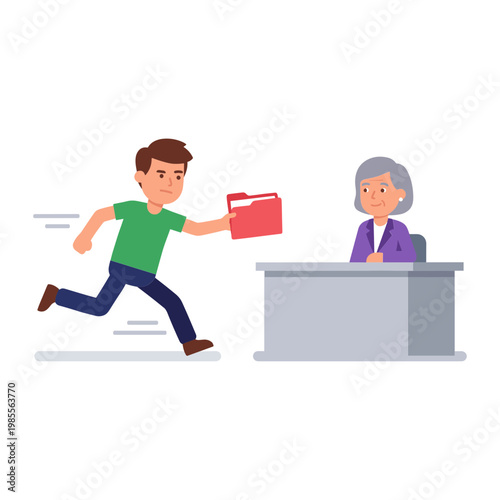 Man rushing to hand a briefcase to a woman sitting at a reception desk.