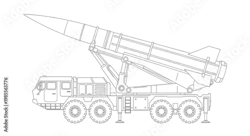 Missile launcher system outline on military vehicle vector line drawing of rocket launcher unit on truck chassis