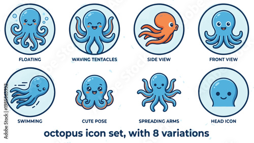 Cute octopus icon set featuring multiple poses including floating, swimming, waving tentacles, spreading arms, and head icon in a playful flat illustration style.