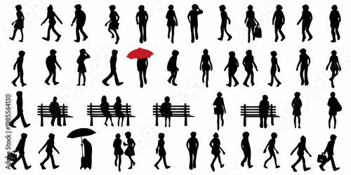 Silhouettes of people walking sitting and with umbrellas on white