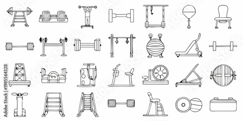 Collection of hand drawn gym equipment and fitness machine outlines