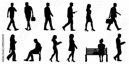 Silhouettes of diverse people walking sitting and engaged in daily life