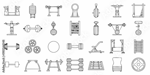 Line drawing illustration depicting various gym equipment and fitness tools