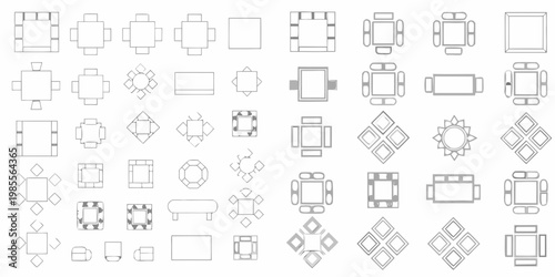 Numerous furniture top down blueprints arranged in a grid pattern