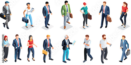Isometric illustration depicting a diverse group of business professionals
