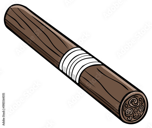 Illustration of a single brown cigar with a white band and detailed end, isolated on a white background