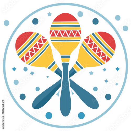 Three Maracas Musical Instruments Icon within a Circle with Dots and Stars Decorations
