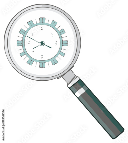 Magnifying glass focused on a clock face with gear details and hands