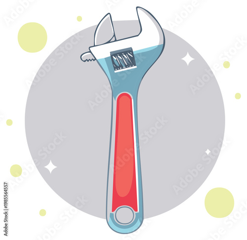 Illustration of an adjustable wrench with colorful design against a gray backdrop.