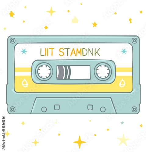 Cute illustration of a retro audio cassette tape with stars
