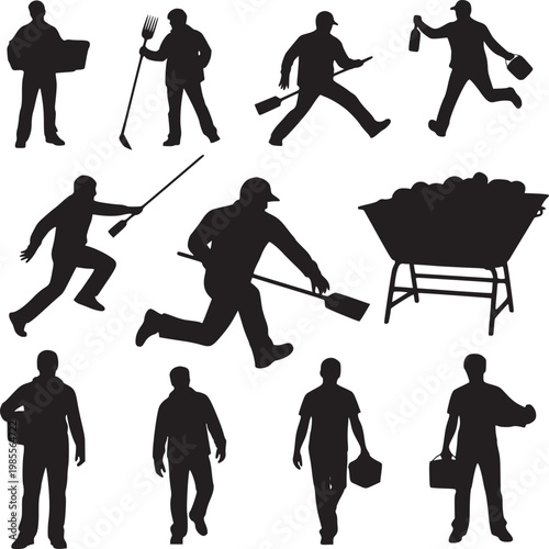 Silhouette vector set of diverse people in motion with luggage and business items against white background