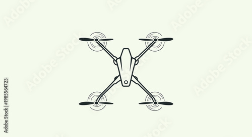 Isolated line art illustration of modern drone with four propellers top view. Simple graphic drawing in black and white against pale background.