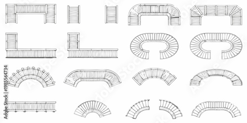 Architectural drawings of various staircase and railing designs