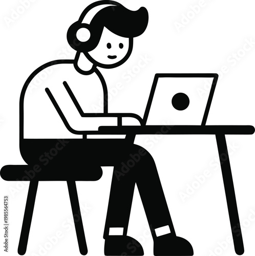 a person sitting at a desk with a laptop and headphones Vector, illustration