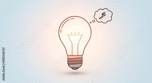 Light bulb radiates bright glow with upward arrow in thought bubble idea generation and innovation concept in front of concentric circles