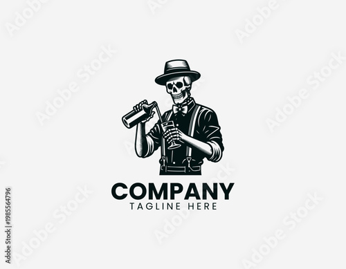 A skeleton bartender character is depicted pouring drink into glass playful cartoon vector illustration design