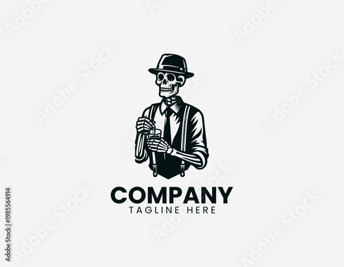 A skeleton bartender character is depicted pouring drink into glass playful cartoon vector illustration design