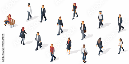 Isometric illustration depicting diverse people walking and interacting in a public space