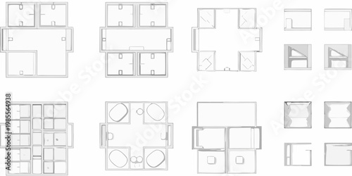Architectural floor plans and layouts arranged in a grid pattern