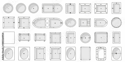 Collection of top down blueprints depicting various bathtub shapes and sizes
