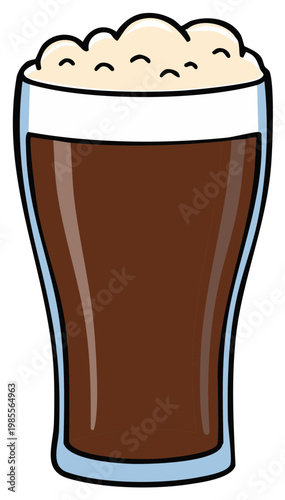 Cartoon glass of dark beer or stout with a creamy foam head illustration