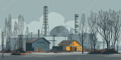 Power Plant in Chernobyl, Industrial Complex with Cooling Towers and Chimneys Vector Illustration