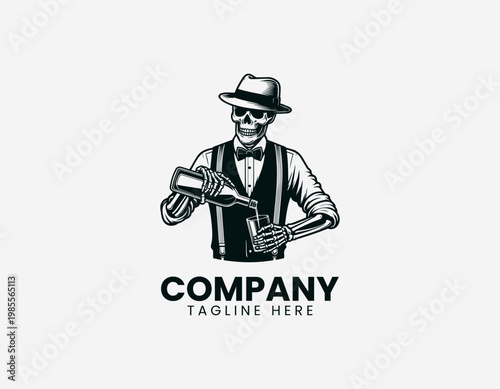 A skeleton bartender character is depicted pouring drink into glass playful cartoon vector illustration design