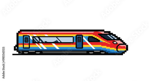 Pixel art illustration of a modern high-speed passenger train car with red, yellow, and blue stripes isolated on a white background
