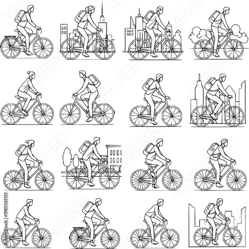 Set of Outline Illustrations of People Riding Bicycles in Urban Settings