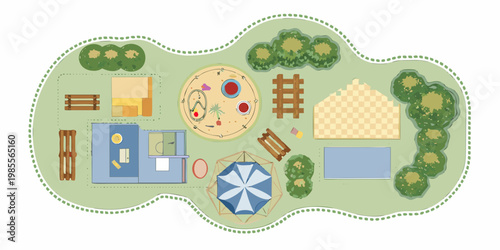 Aerial view of a colorful playground with various play structures