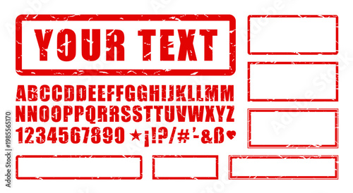 Alphabet, numbers and symbols to create a custom red stamp impression. Different doubled letters. All elements separate