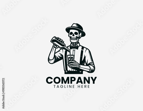 A skeleton bartender character is depicted pouring drink into glass playful cartoon vector illustration design