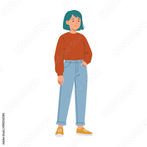 A cartoon woman stands confidently with one hand in her pocket.