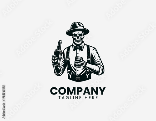 A skeleton bartender character is depicted pouring drink into glass playful cartoon vector illustration design