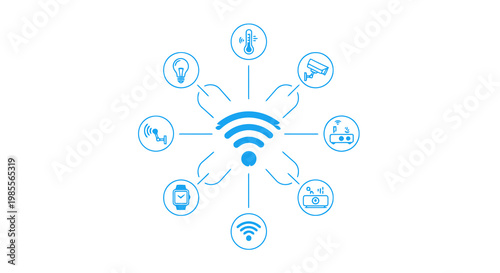 Smart home automation concept with wireless connectivity blue line art devices linked to wifi Internet of Things technology