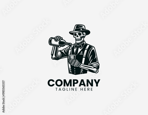 A skeleton bartender character is depicted pouring drink into glass playful cartoon vector illustration design