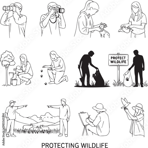 flat design illustration of people protecting wildlife in various activities and environments