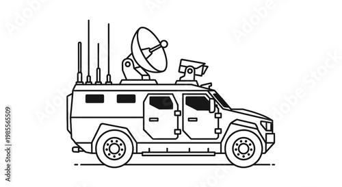 Armored military communication vehicle line art vector illustration featuring satellite dish and antenna on white background