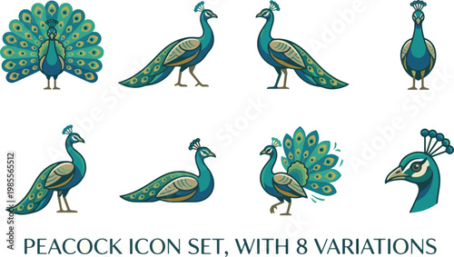 Peacock animal icon set featuring 8 variations including standing, walking, tail display, side view, front view, elegant pose, and peacock head icon. Flat vector illustration with clean lines isolated