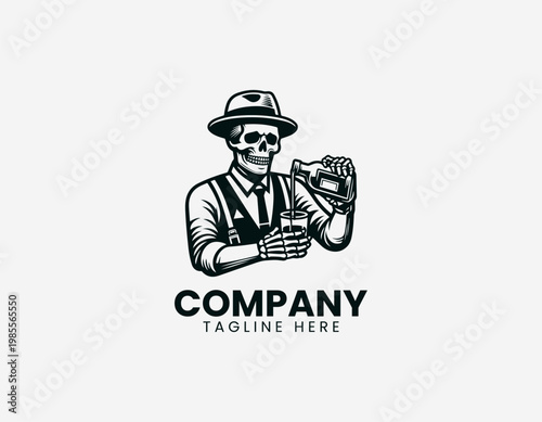 A skeleton bartender character is depicted pouring drink into glass playful cartoon vector illustration design