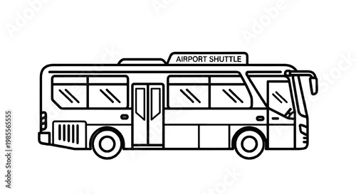 Black and white line art illustration of an airport shuttle bus with clear signage perfect for transportation and travel designs