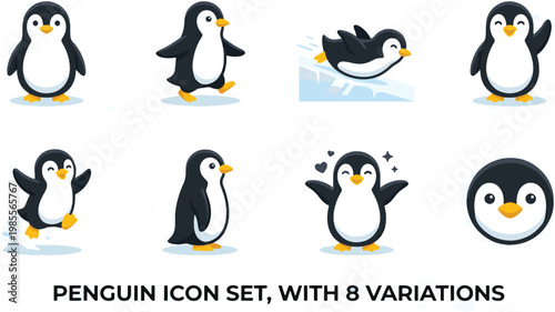Penguin animal icon set featuring 8 variations including walking, sliding on ice, standing, waving, cute pose, happy expression, and penguin head icon. Flat vector illustration with clean lines 