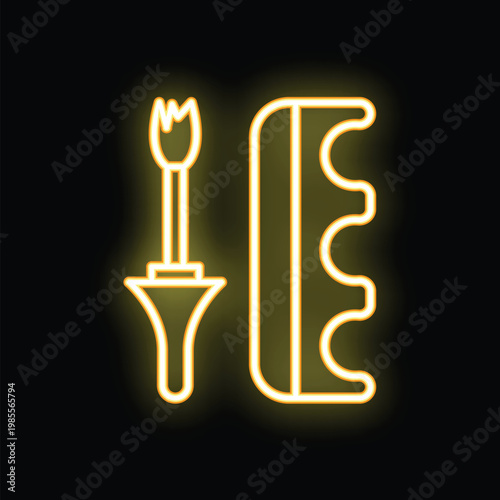 Yellow neon sign illustrating a gear stick and a clutch pedal on a black background